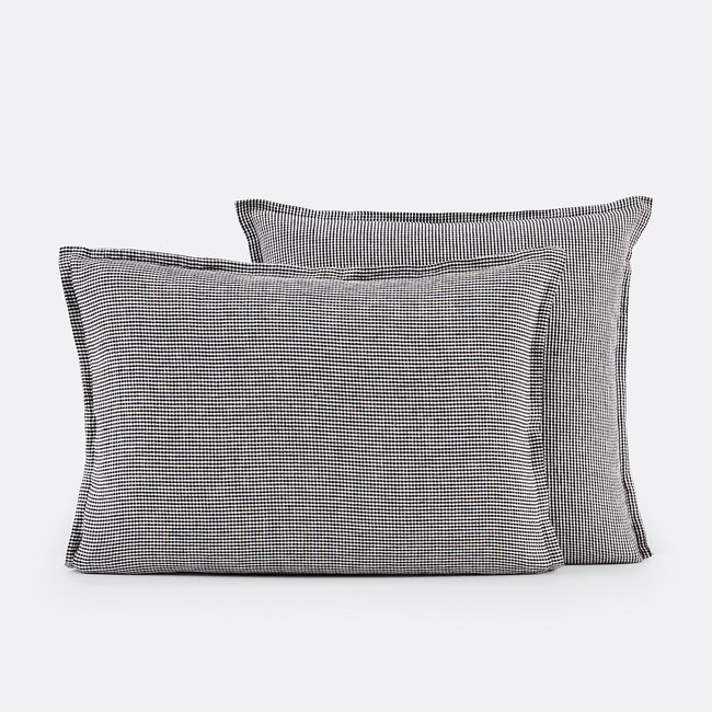 Funda de almohada de lino lavado, Linot Carreaux vichy negro <span itemprop=