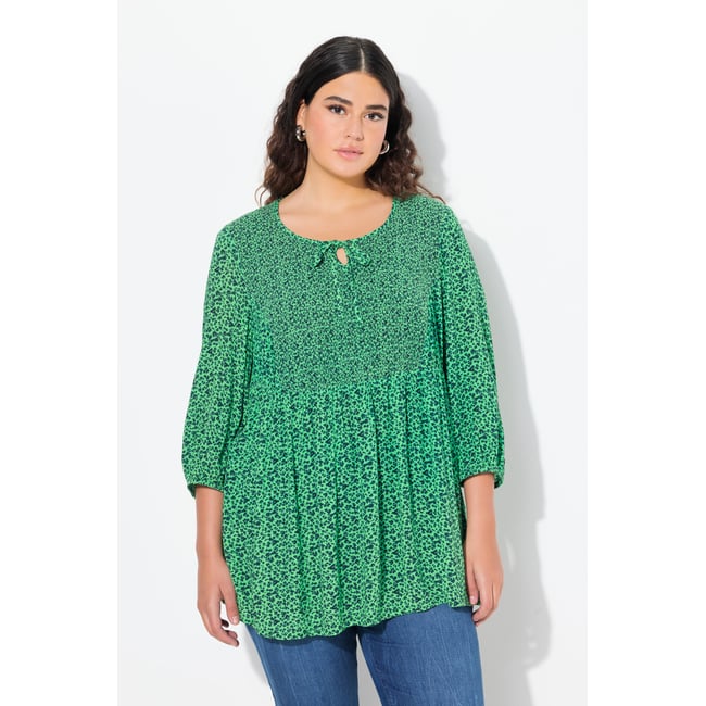 Chemisier smocké, motif à fleurs menthe verte <span itemprop=