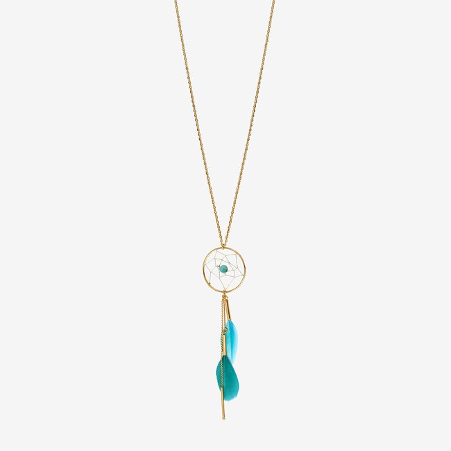 Collier sautoir doré - dream catcher bleu <span itemprop=