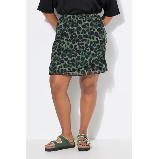 Jupe mini motif léopard, ruchés cactus <span itemprop=