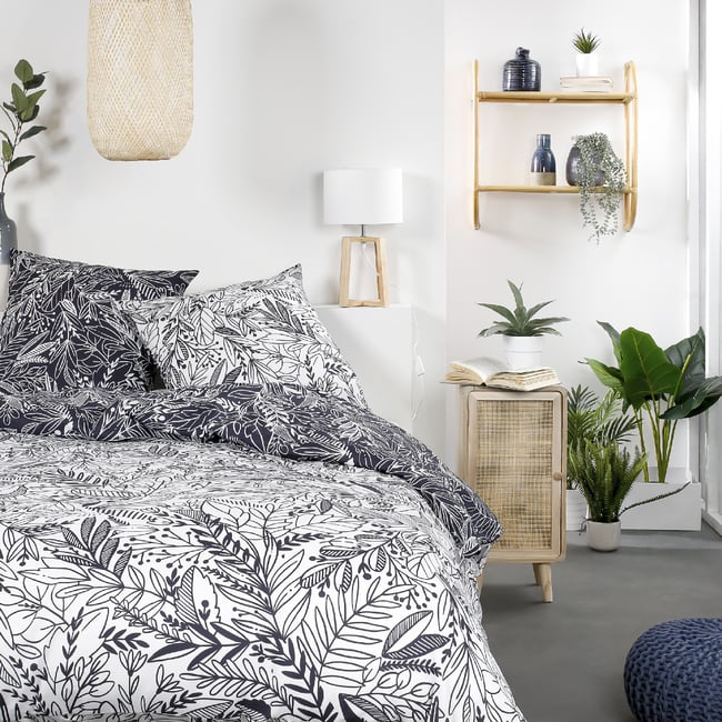Parure de lit coton zippée 2 personnes imprimé floral MAWIRA blanc <span itemprop=