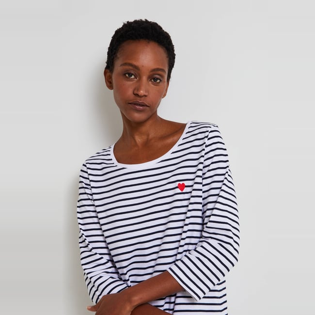 Chemise de nuit rayée avec broderie coeur en coton BIO blanc <span itemprop=