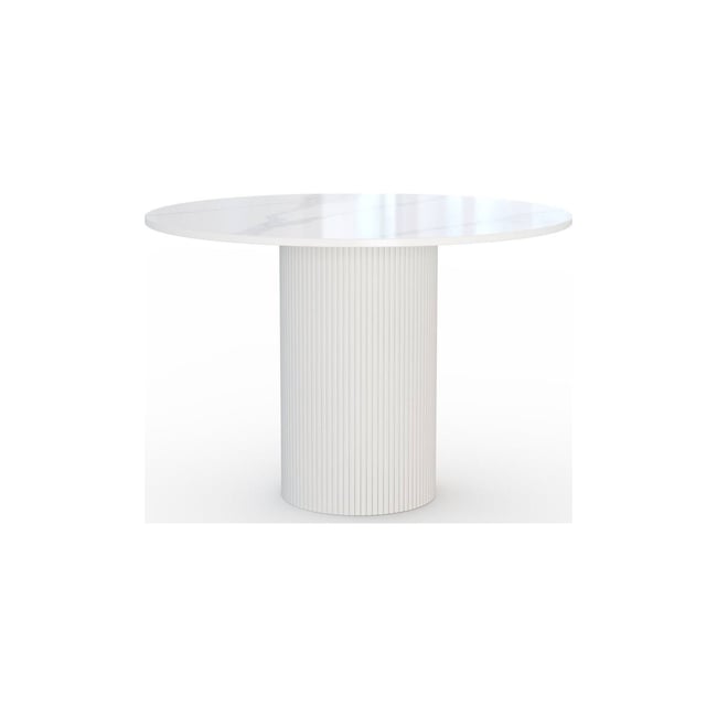 Table à manger ronde MALENA en pierre Couleur blanc cassé effet marbre <span itemprop=