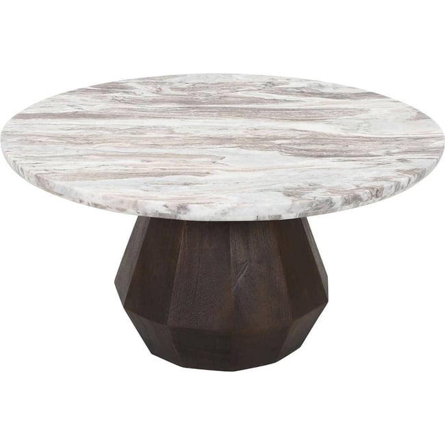 Table basse ronde en marbre et manguier Couleur marbre beige veinage bois foncé <span itemprop=