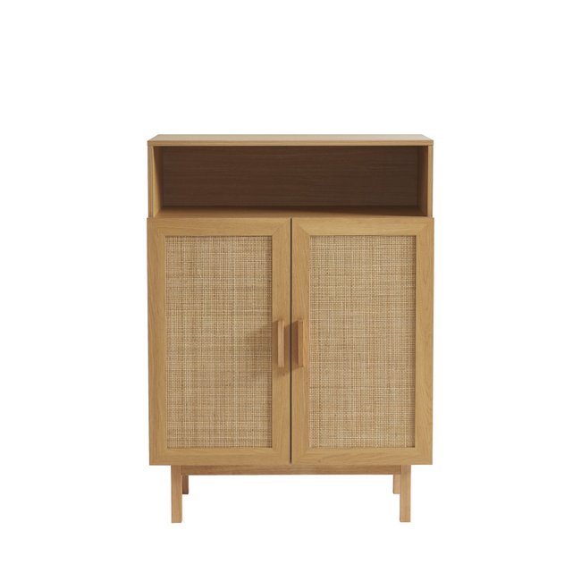 Meuble à chaussures 2 portes 1 niche en bois et cannage L80cm - JUNE Couleur bois clair <span itemprop=