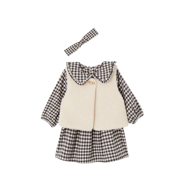 Ensemble 3 pièces robe vichy + gilet + bandeau ATELIER carreaux noir <span itemprop=