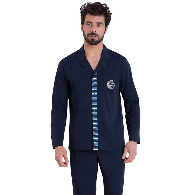 Cotton Pyjamas with Shirt Collar, blue + navy, ATHENA