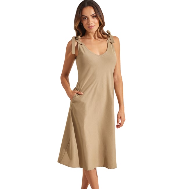 Robe estivale mi-longue à nouettes COMPLEMENTOS kaki <span itemprop=
