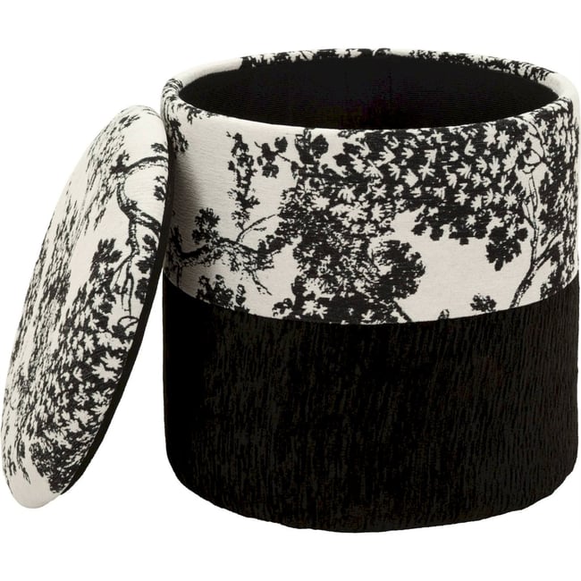 Pouf coffre rond motif oriental pin massif MODERN Couleur noir et blanc <span itemprop=
