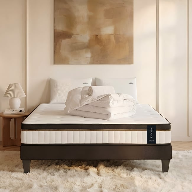 Ensemble literie EMERAUDE + accessoires - 24 cm d'épaisseur - Accueil moelleux, soutien mi-ferme Couleur blanc <span itemprop=