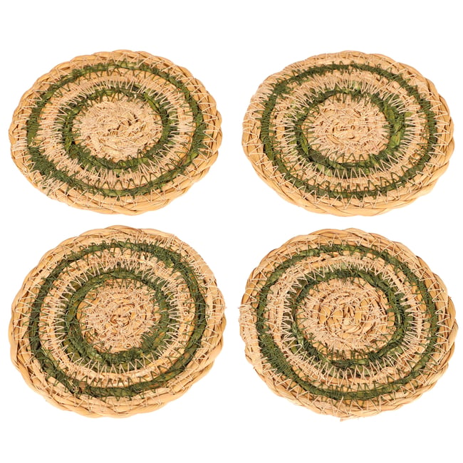Set de 4 dessous de verre en jute vert et beige 10cm v002239 <span itemprop=