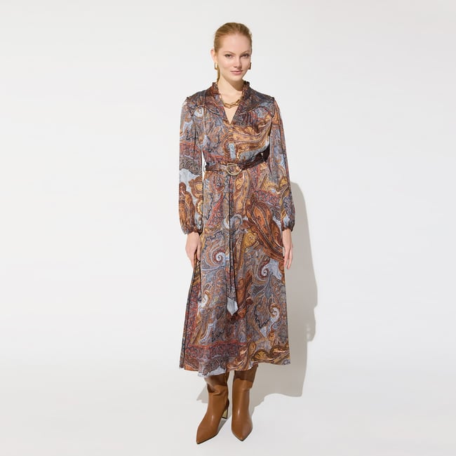 Robe midi bohème imprimé paisley bleu <span itemprop=