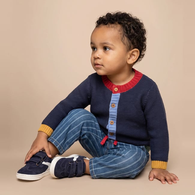 Pantalon jean rayé bleu denim <span itemprop=