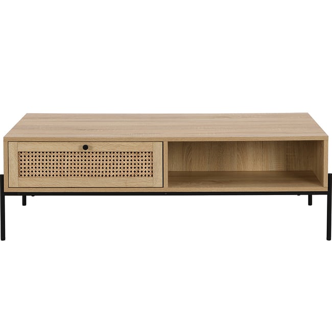 Table basse 1 tiroir en cannage et effet chêne - IRIS Couleur naturel <span itemprop=