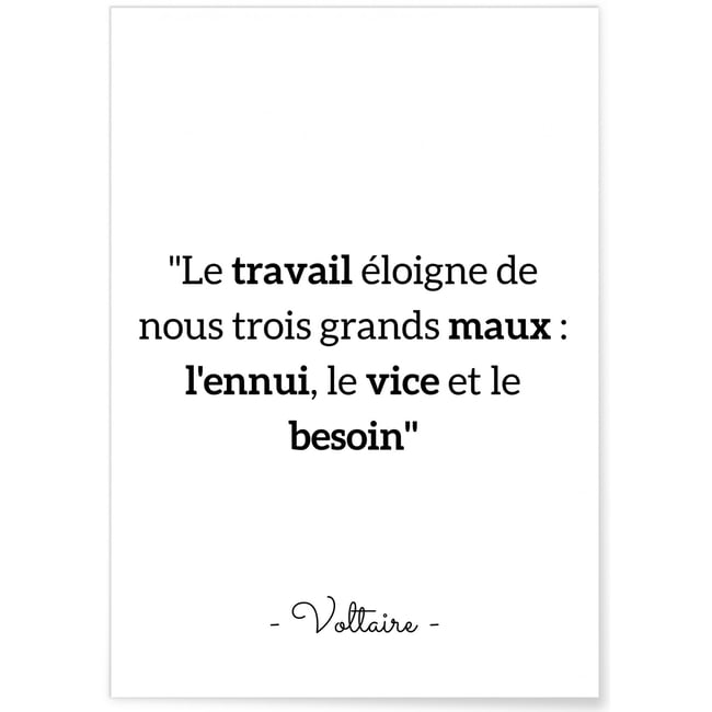 Affiche Voltaire : 'Le travail éloigne...' Couleur blanc <span itemprop=