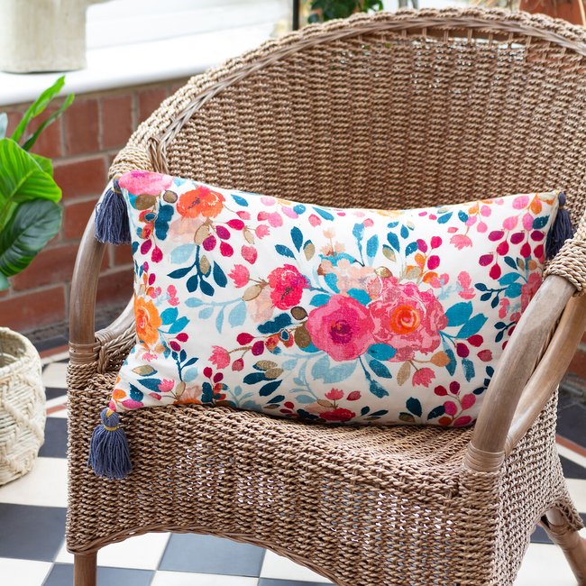 Posies Floral Tasselled Cushion, blue/pink, WYLDER