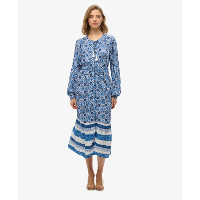 Robe mi-longue imprimée à manches longues bleu border tala tile <span itemprop=