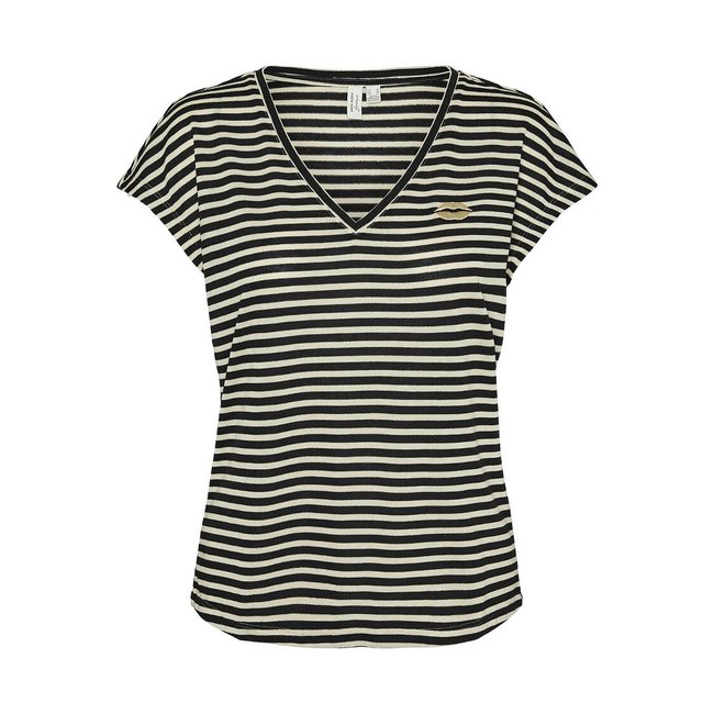 T-shirt rayé, col V ecru/noir <span itemprop=
