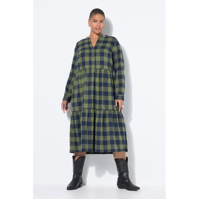 Robe midi à carreaux en flanelle. Manches olive foncé <span itemprop=