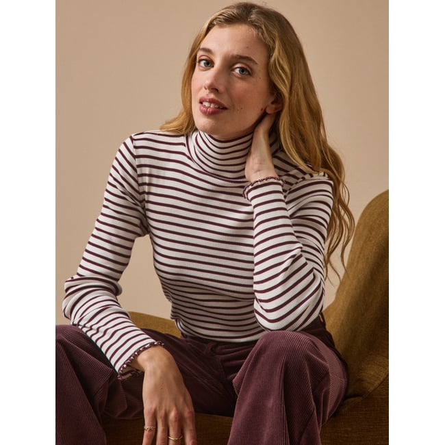 T-shirt col roulé rayé rayure bordeaux <span itemprop=