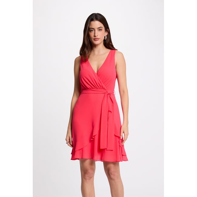 Robe courte portefeuille rouge corail <span itemprop=