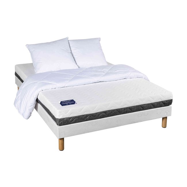 Matelas mousse, sommier, pieds, couette, oreillers Couleur blanc <span itemprop=