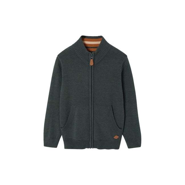 Gilet zippé col montant vert chiné <span itemprop=