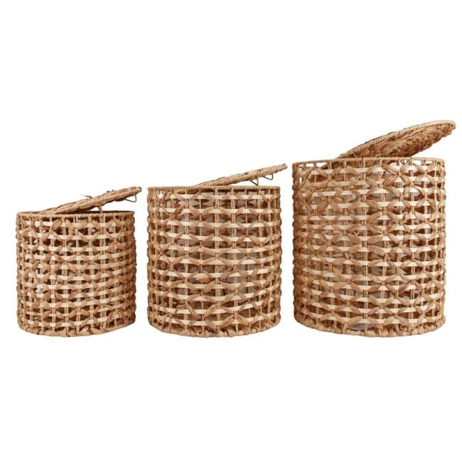 Set de 3 paniers à couvercle en jacinthe d'eau tressée Couleur naturel <span itemprop=