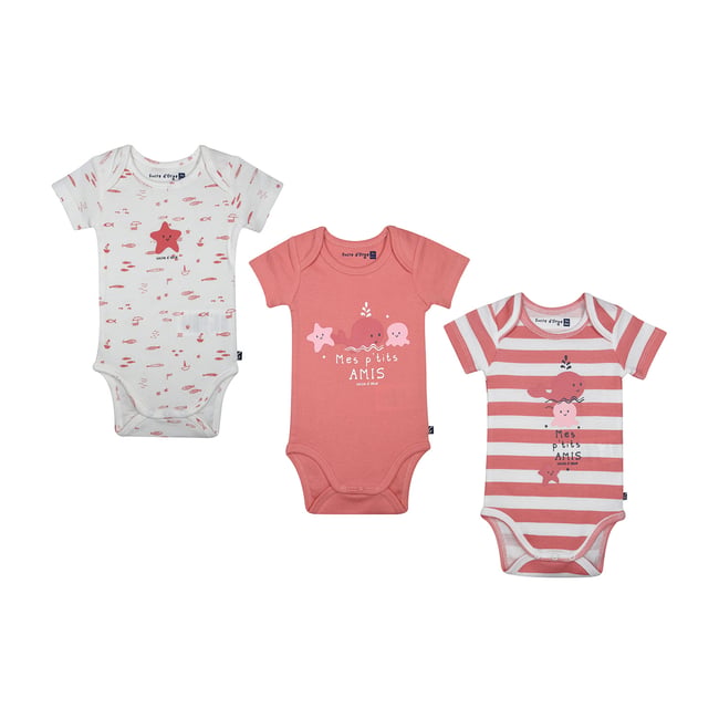 Lot de 3 bodies laurelia manches courtes bebe rose <span itemprop=