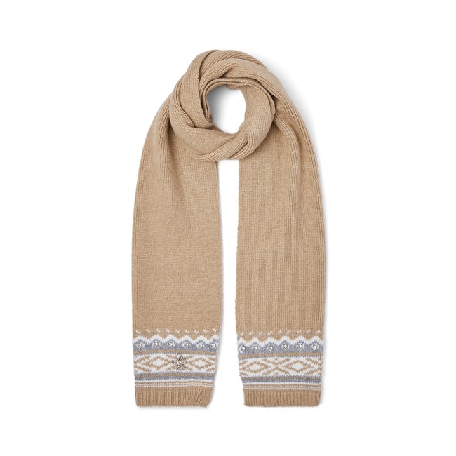Écharpe jacquard avec broderies bijoux camel <span itemprop=