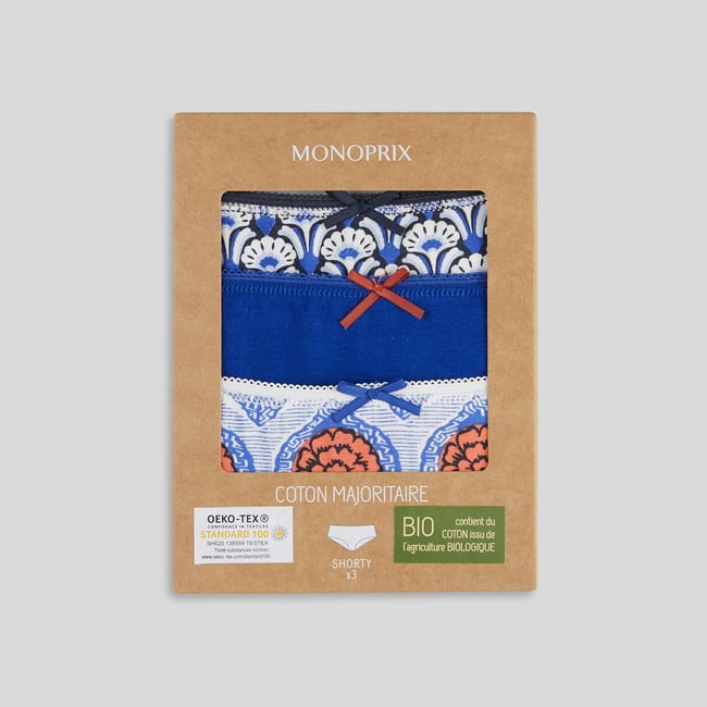 Lot de 3 shortys GARANCE en coton BIO, Oeko-Tex marine <span itemprop=