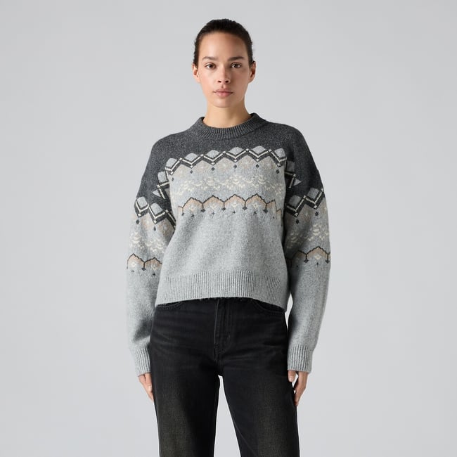 Pull col rond manches longues jacquard gris <span itemprop=