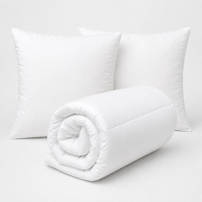 Lot couette chaude premium anti-acariens + 2 oreillers respirants - QABANE Couleur blanc <span itemprop=