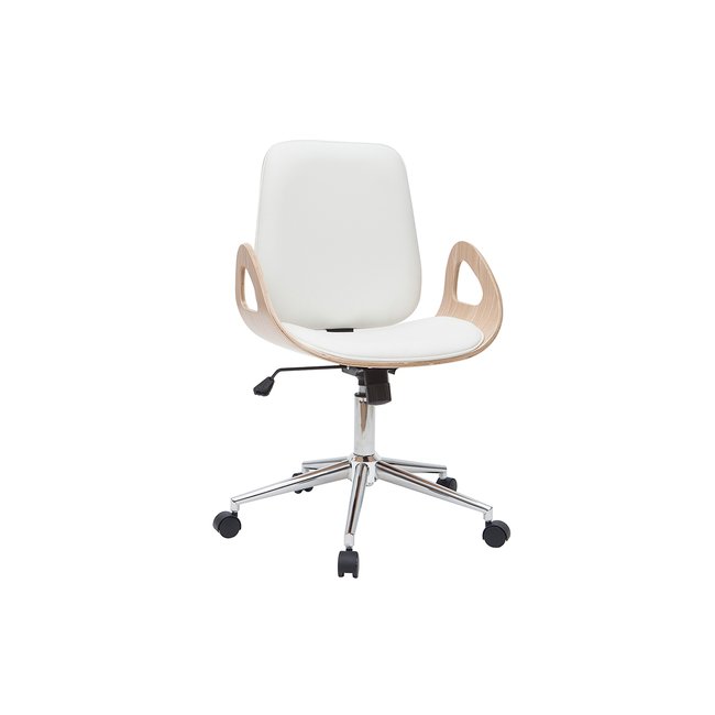 Chaise de bureau à roulettes design blanc, bois clair et acier chromé GLORY Couleur bois clair / blanc <span itemprop=