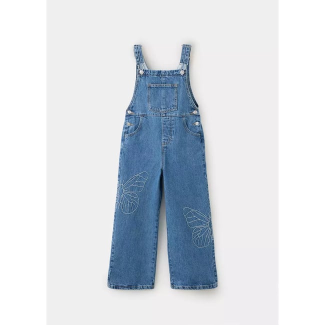 Salopette en jean brodée de papillons bleu foncé <span itemprop=
