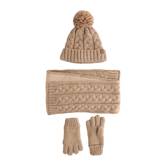 Bonnet, gants et écharpe, 3 pièces tricot torsadé neutre <span itemprop=