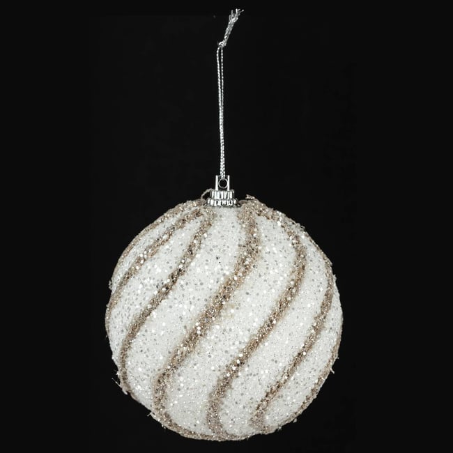 Boule de noël pailletée et fil jute D8 Couleur blanc/taupe <span itemprop=