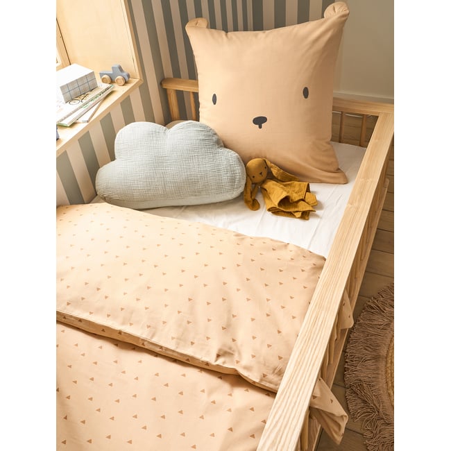 Parure housse de couette + taie d'oreiller OURSON, avec coton recyclé beige imprimé <span itemprop=