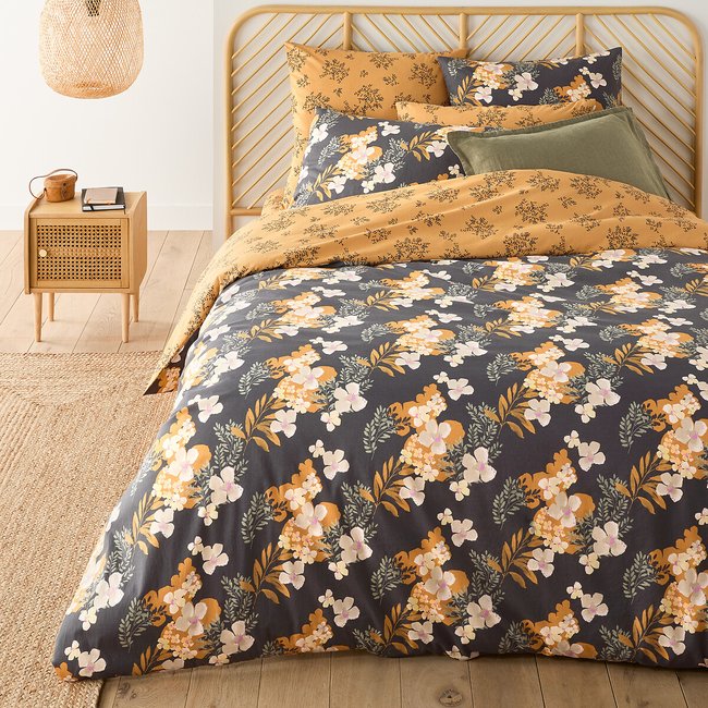 Housse de couette coton lavé, Shabby imprimé fond gris <span itemprop=
