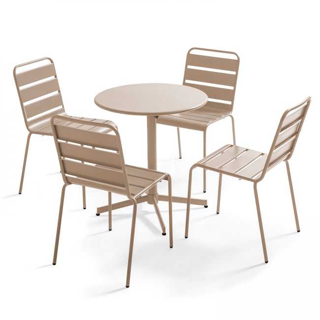 Salon de jardin table ronde et 4 chaises en métal, PALAVAS taupe <span itemprop=