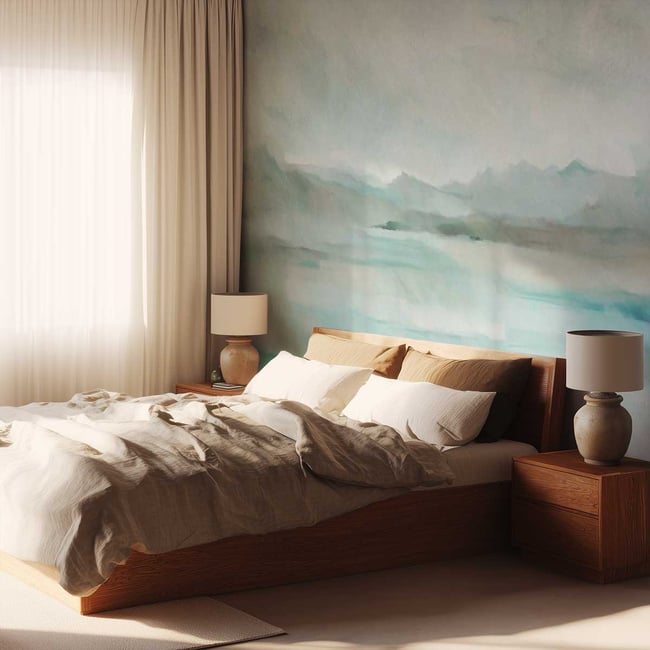 Papier peint Brume alpine turquoise & céladon Couleur bleu <span itemprop=