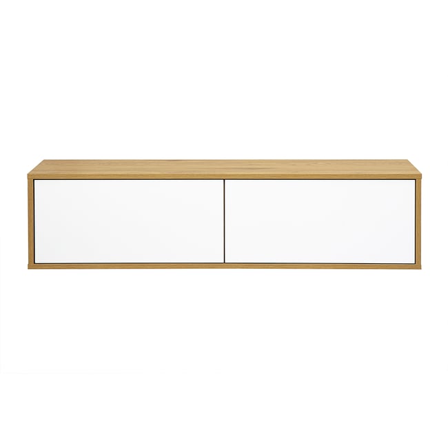 Meuble TV mural finition blanche et bois clair chêne L120 cm FLEXO Couleur bois clair / blanc <span itemprop=