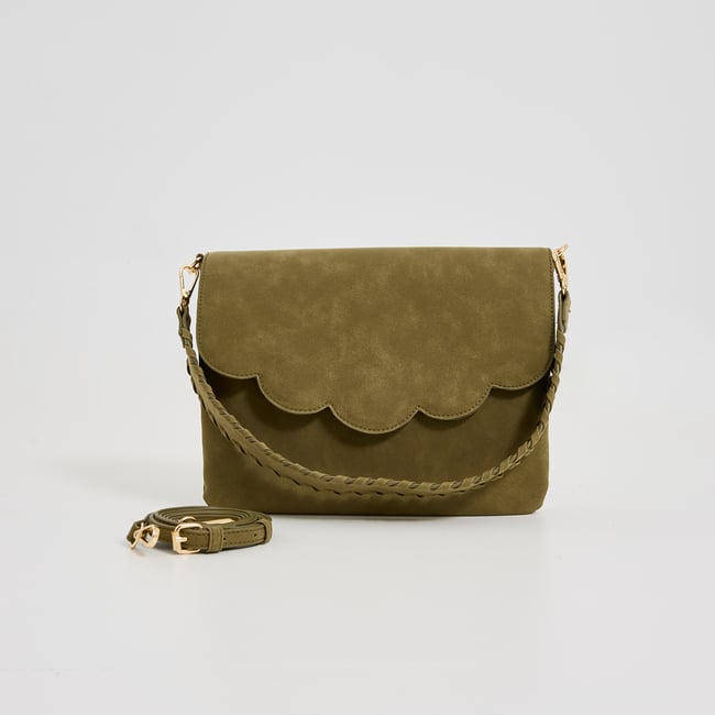 Sac pochette à rabat festonné vert kaki <span itemprop=