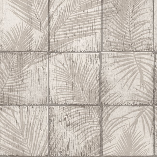 Papier peint carreaux bois flotté ombres palmiers Couleur gris <span itemprop=