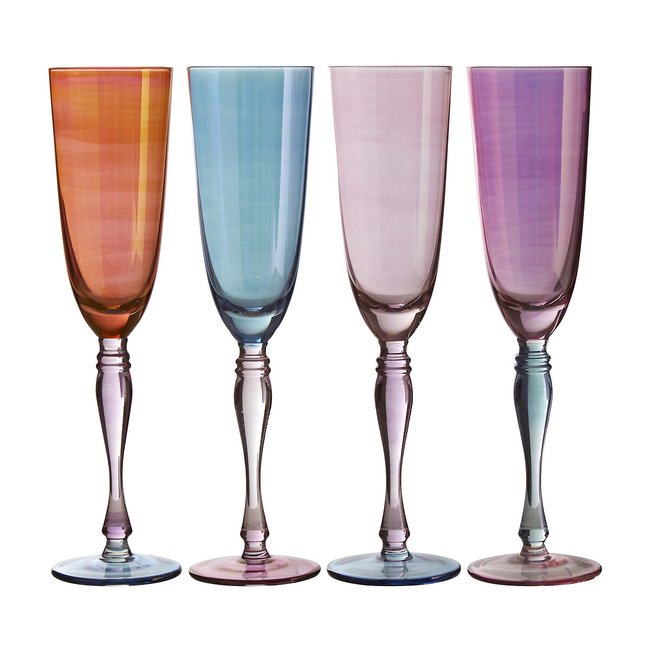 Set of 4 Assorted Colour Tapered Champagne Flute Glasses, multi-coloured, SO'HOME