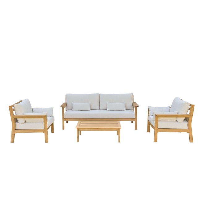 Salon de jardin bas en bois de teck avec coussins  MAORA naturel <span itemprop=