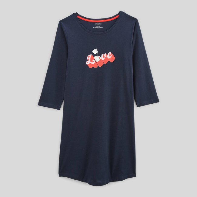 Chemise de nuit manches longues en coton BIO marine <span itemprop=