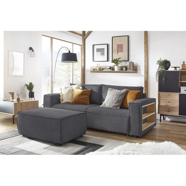 Canapé droit convertible 3 places en velours côtelé avec pouf, NIHAD - BOBOCHIC
