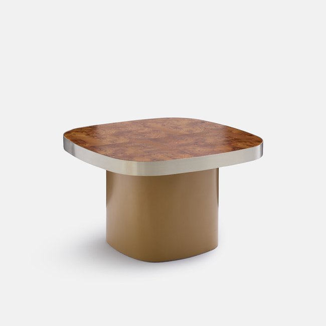 Table basse, plateau plaqué loupe d'orme, diamètre 65 cm, PAUL Couleur bronze <span itemprop=