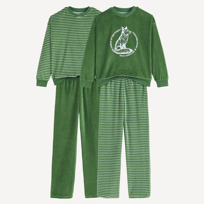 Lot de 2 pyjamas, en velours, motifs rayures et renard vert/écru <span itemprop=